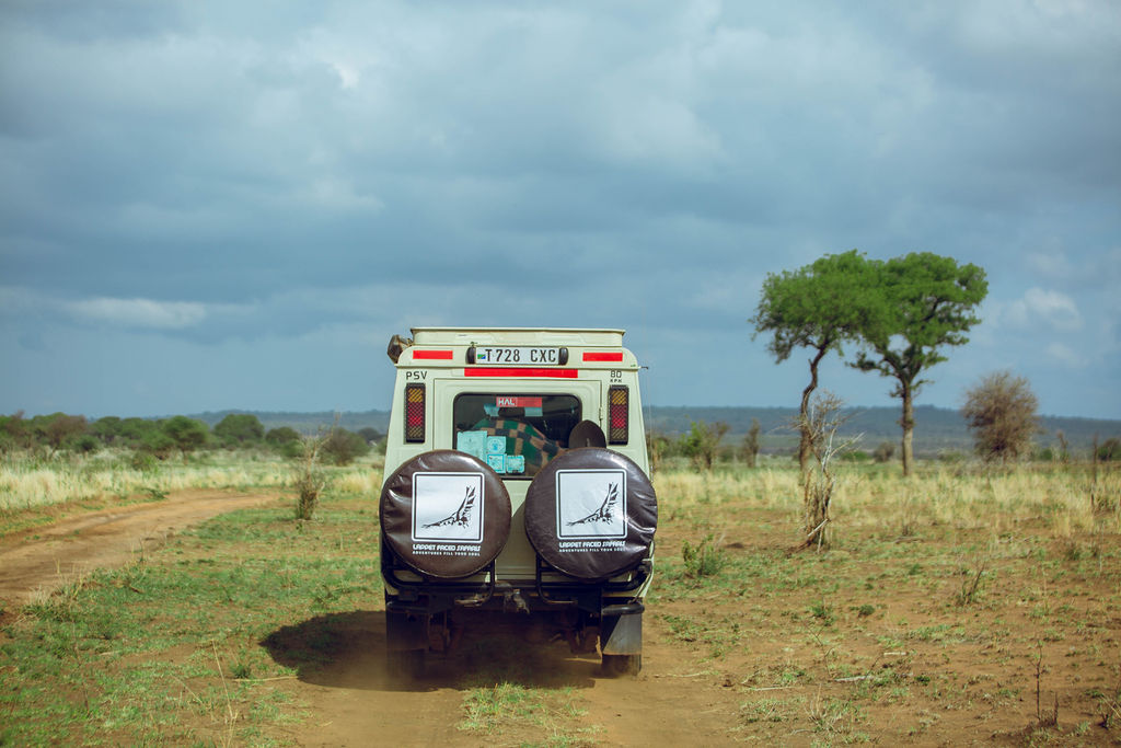 Lappet Faced Safaris vehicle driving away along an open track