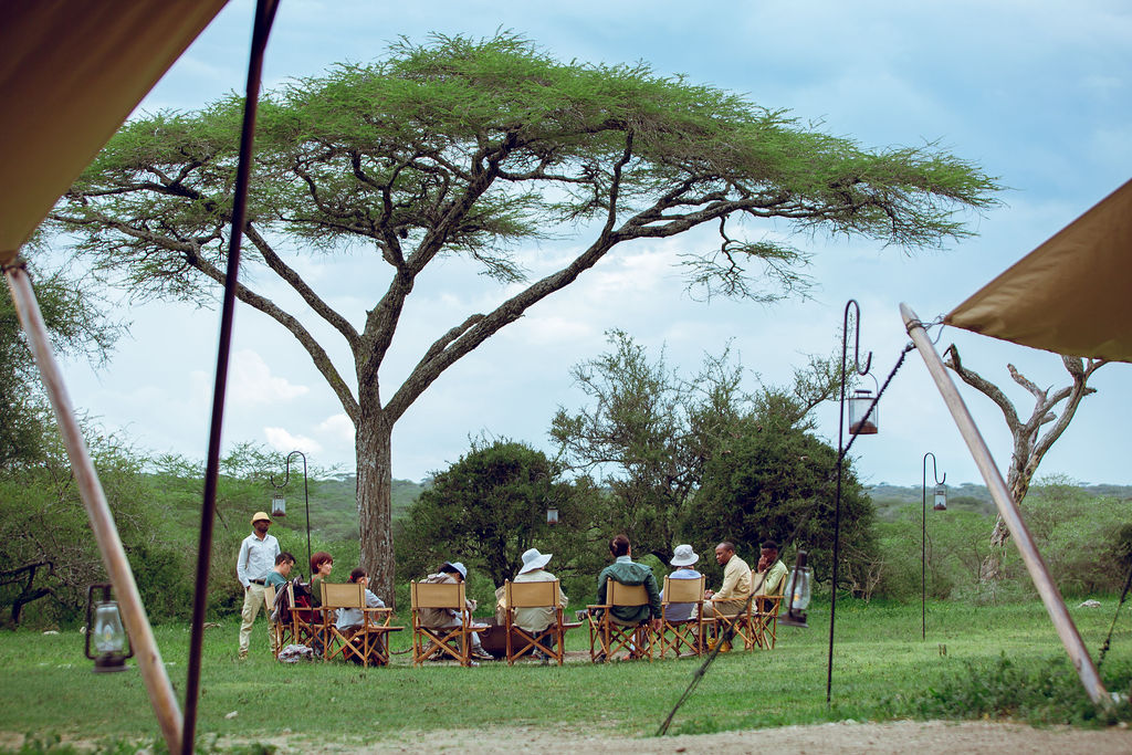 Mobile safari camp pitched under acacias with guests seated outside