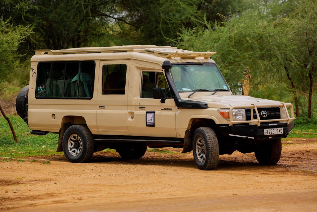 Side profile of a cream safari Land Cruiser on a red earth road